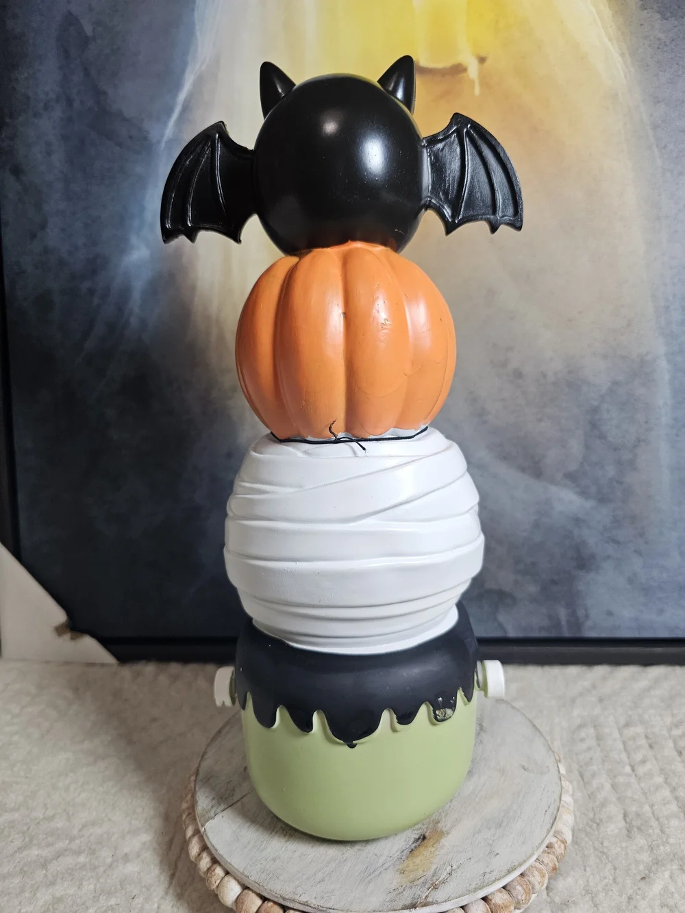 Stackable 4 -tiered decor Halloween with bat, pumpkin, Mummy And Frankenstein
